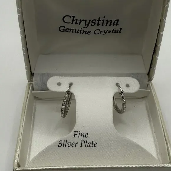 Chrystina Silver Hoop Earrings Genuine Crystal Fine‎ Silver Plated Classic