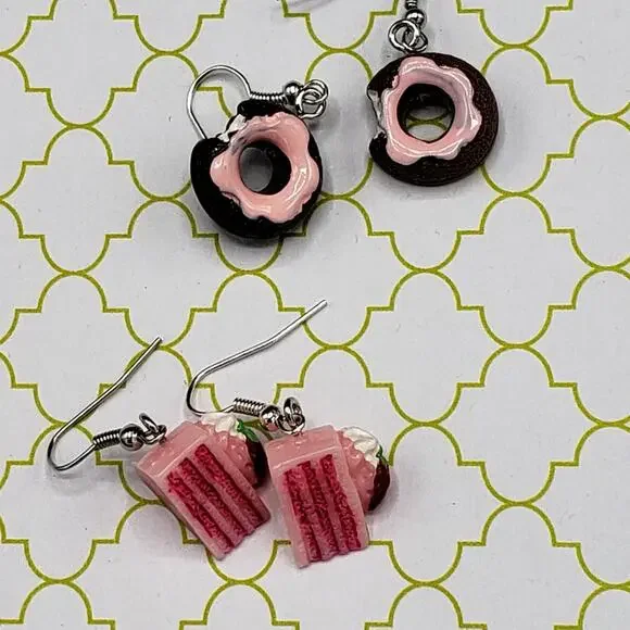 handmade Strawberry layered cake & chocolate donut‎ sweet treat earring set