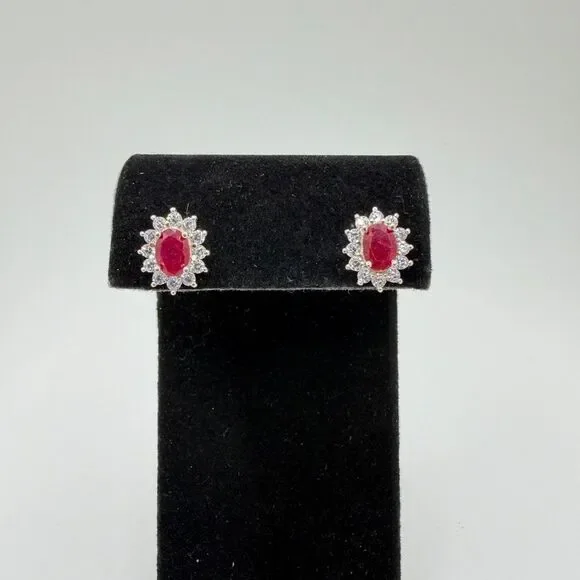 NWOT 5x7mm oval cut RUBIES w/ halo of cz‎ diamond stud earrings in 925!