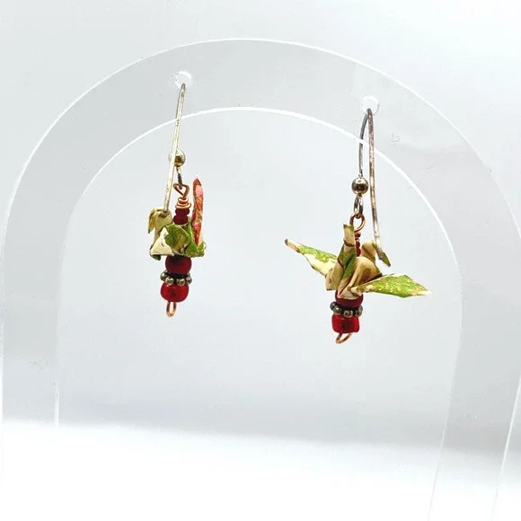 Origami Crane Paper Drop Earrings Sterling Silver Hooks‎ Green Floral Red Beads