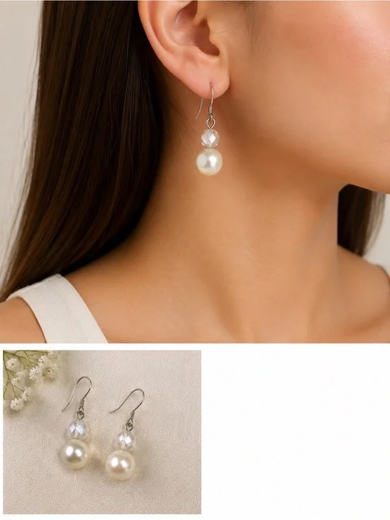 Cato White Pearl & Clear‎ Crystal Drop Earrings Elegant Wedding Minimalist Glam