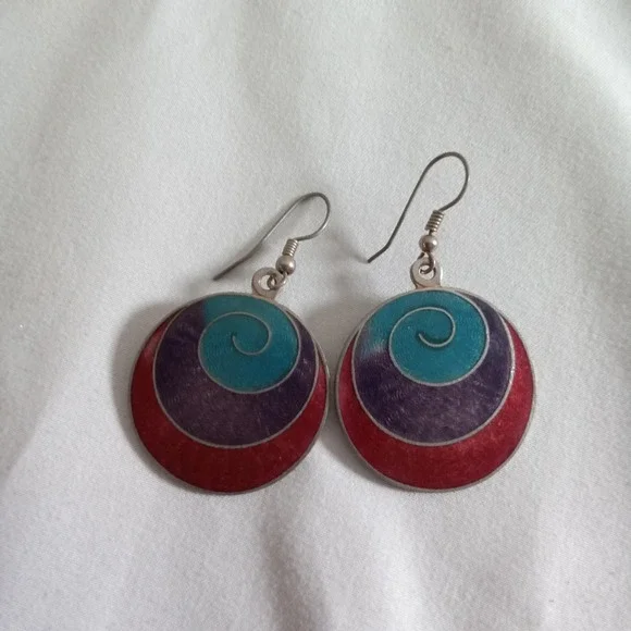 Vintage Enamel Swirl Drop Earrings Red Purple Turquoise Silver Tone Boho Round