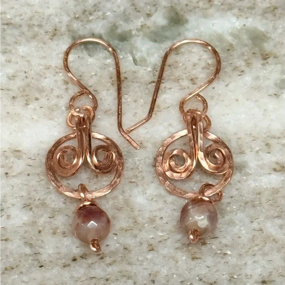 Celtic-Domed Spiral Polished Copper Earrings with Fire Agate Stone Drops