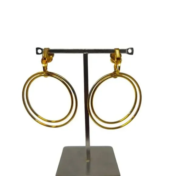 Vintage Minimalist Double Hoop Clip-On Earrings | Gold-Tone Modernist Statement