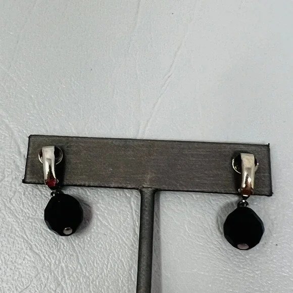 Black Faceted Bead Clip-On Earrings‎ Silver Tone Dangle Minimalist
