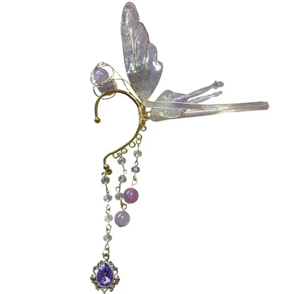 Purple‎ Iridescent Fairy Wing Ear Cuff Gold Tone Dangle Crystal Fantasy Wrap