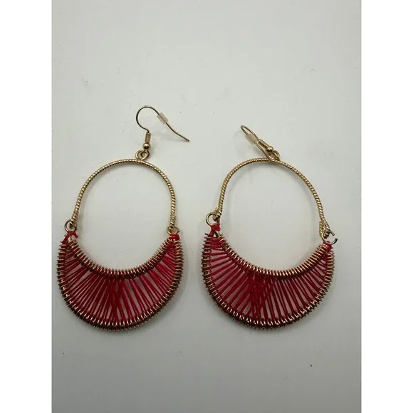 Gold‎ Tone Red Thread Wrapped Hoop Earrings Boho Crescent Drop Dangle Fishhook