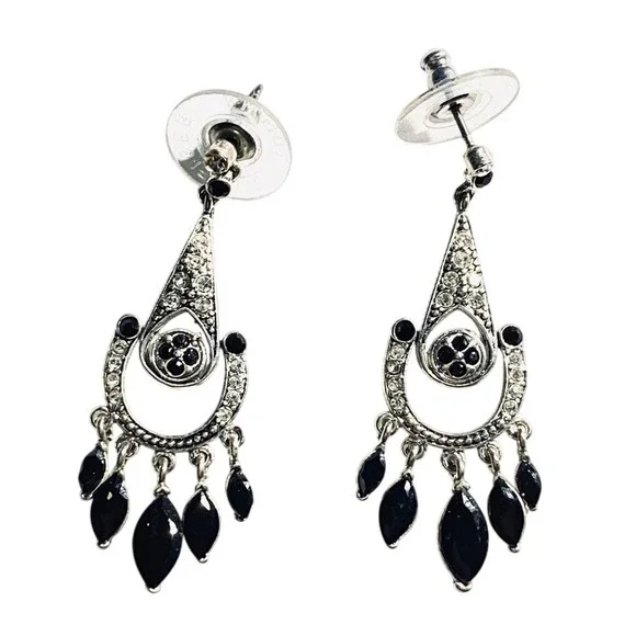 Monet Art Deco Style Silver & Black Crystal Rhinestone Chandelier‎ Earrings