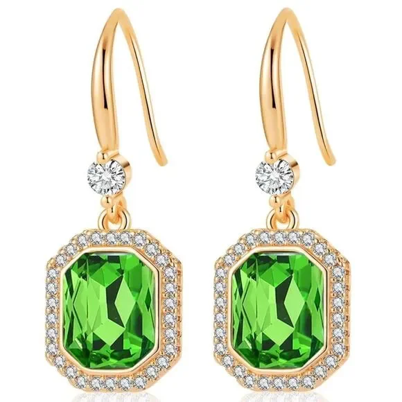 14K Yellow Gold with Fern Green Austrian Crystal Octagon Halo Hook Earrings