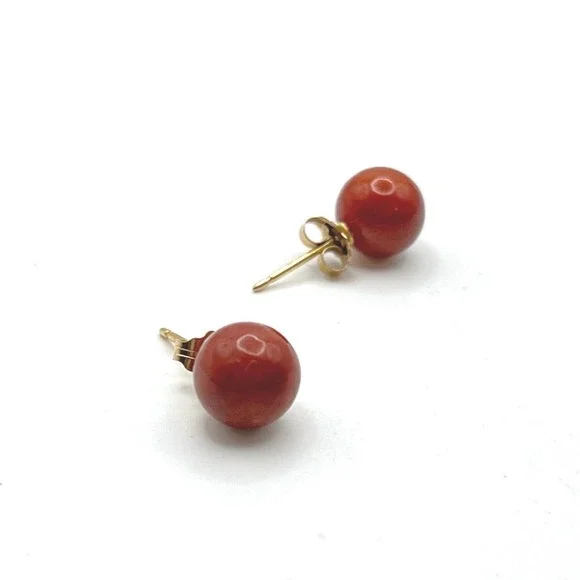 Red Jadeite‎ Jade Bead Stud Earrings 14k Yellow Gold