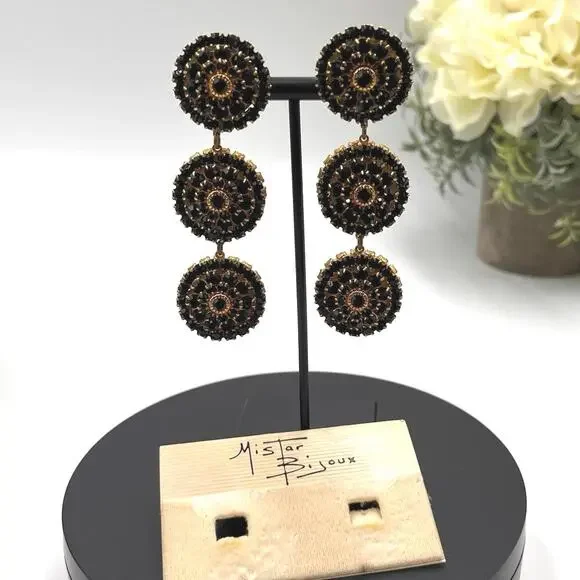 Mistar Bijoux Deadstock 3D Puff‎ Three Drop Dangle Crystal Gold Clip on Earrings