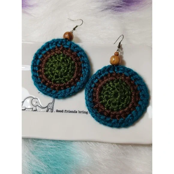 Round Crochet Earrings: Island Green Acrylic Yarn‎ with Wood Beads