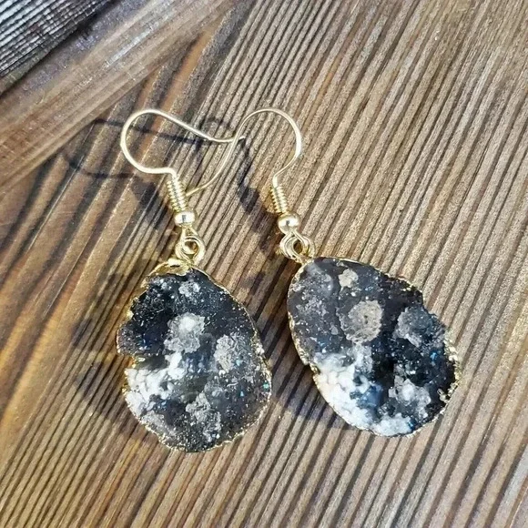 Druzy Agate Teardrop Earrings Gold Plated Gray Black