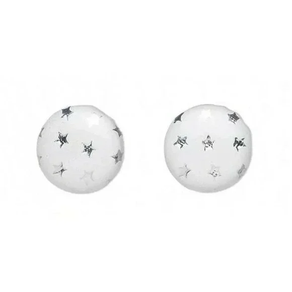Vegan Faux Leather Round 15mm Button Post Earrings White w Silver Metallic Stars