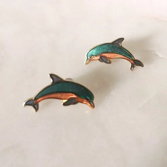 Dolphin Earrings‎ Cloisonne Signed GCC Pierced Earrings 1