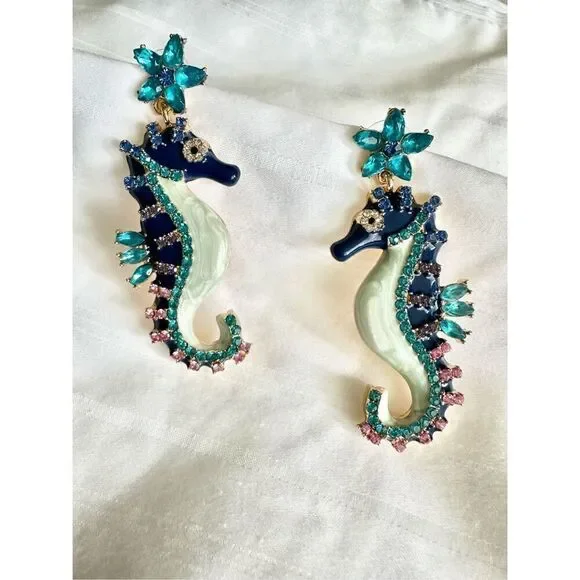 Navy blue and rhinestone seahorse dangle earrings ￼