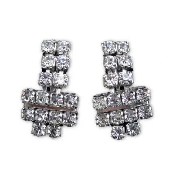 Vintage Rhodium Plated Art Deco Clear‎ Rhinestone Sparkling SB Earrings