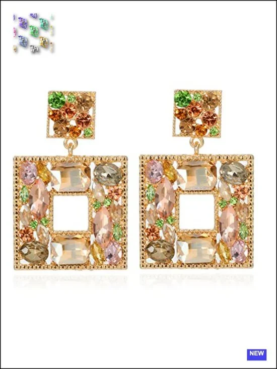 Rhinestone Square Statement Dangle Earrings Hypoallergenic Gold Plated Crystal
