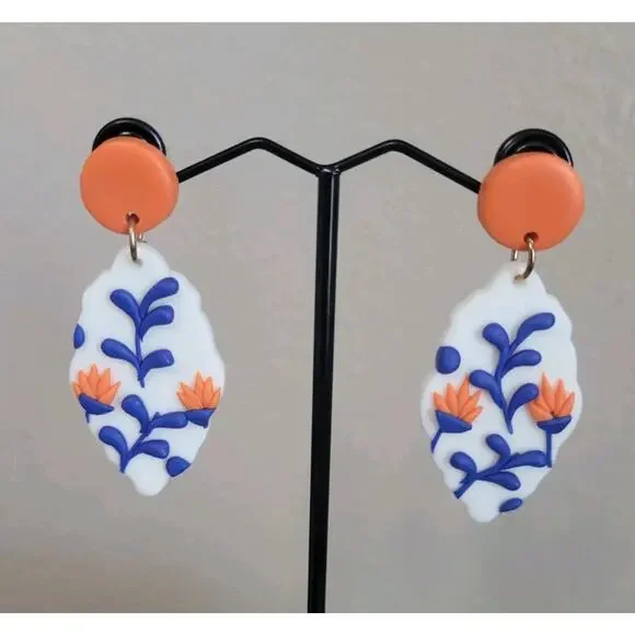 Handmade Mexican‎ Terra Cotta Barro Inspired Dangle Post Earrings Light Weight
