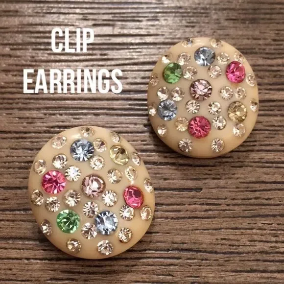 Vintage Pastel Colored Rhinestone Clip Earrings