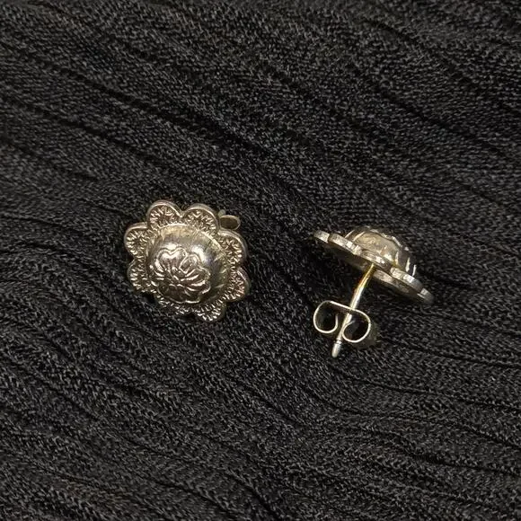 Vintage Silver Tone Floral Concho Stud Earrings Western Boho