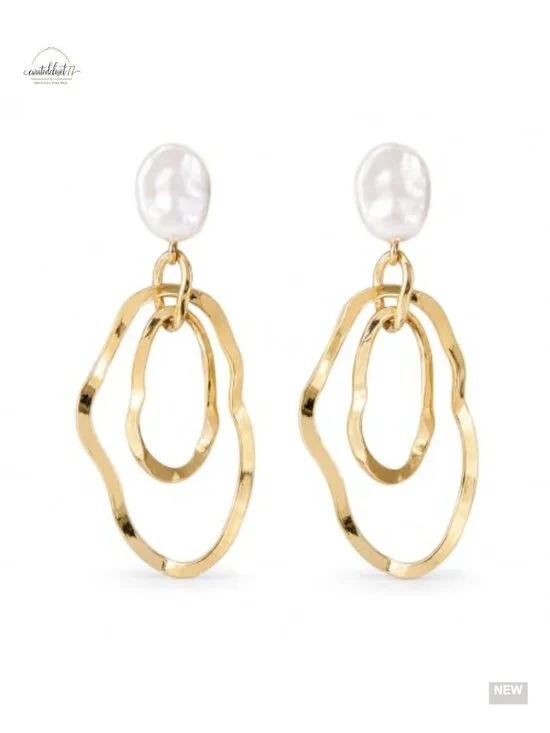 Irregular Oval Drop Earrings with Faux Pearl Studs, Lightweight Geometric Dangle