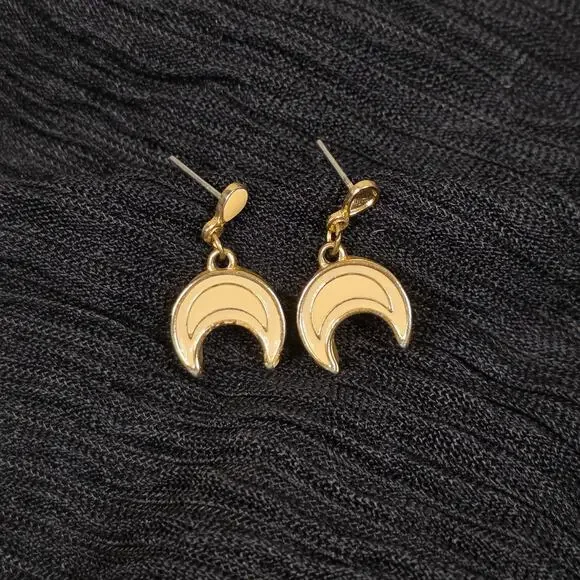 Vintage Cream Enamel Crescent Moon Earrings Gold Tone Celestial Dangle