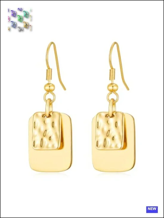 14K Gold Plated Dainty Hammered Rectangle Geometric Drop Earrings Boho Jewelry