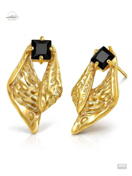 18K Gold Textured Stud Earrings with Emerald Zirconia, Hypoallergenic Stainless