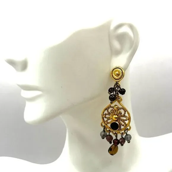 Gold tone beaded red rhinestone drop earrings