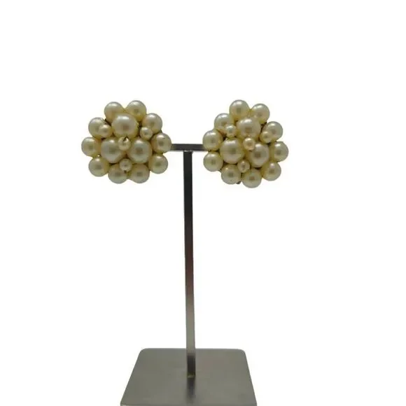 Vintage Faux Pearl Cluster Clip-On Earrings | Signed Hong Kong