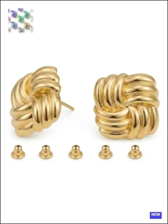 Chunky Square Statement Button Earrings Gold-Tone Vintage Geometric Lightweight