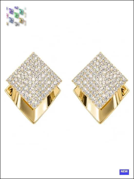 Gold Square Stud Earrings Pave Crystal Geometric Statement Jewelry