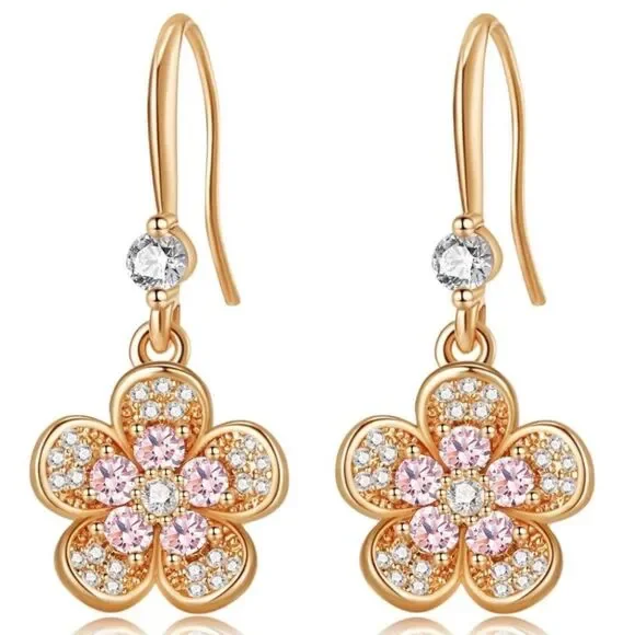 14K Yellow Gold with Pink Sapphire and Diamond Austrian Crystal Flower Earrings