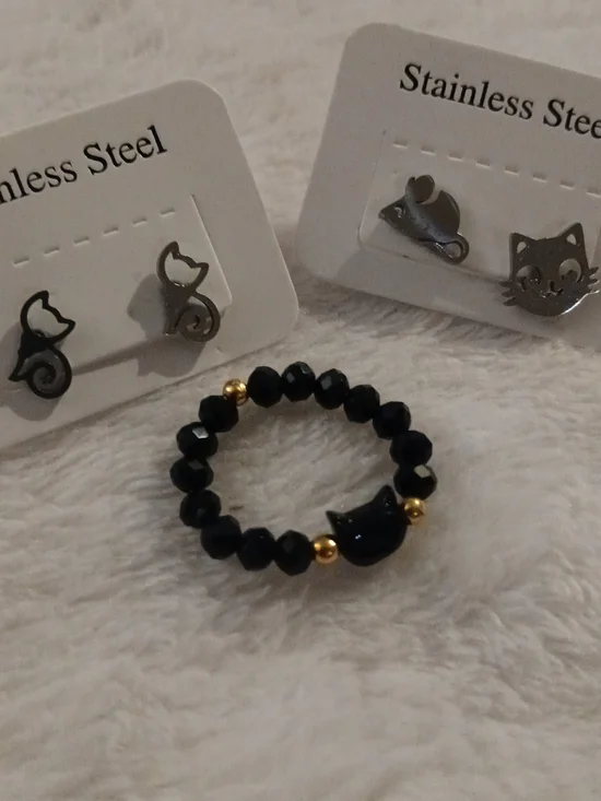 💲[5/20] Cat & Mouse Earrings Sets [2] & Black Cat Beaded Stretch Ring