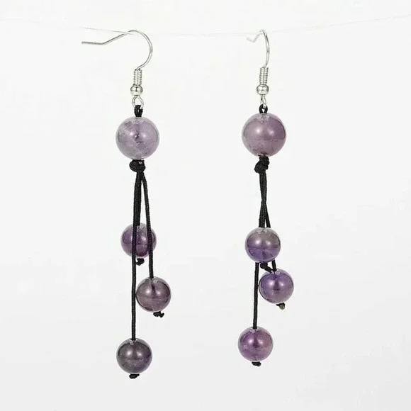 Natural Amethyst Purple Gemstone Black Silk Thread Knotted Dangle Earrings
