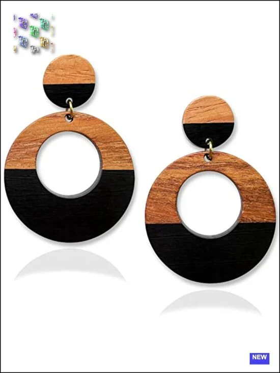 Wooden Earrings Dangle Brown Black Round Geometric Lightweight Resin Drop