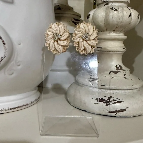 Vintage Celluloid Floral Clip Earrings with Rhinestones