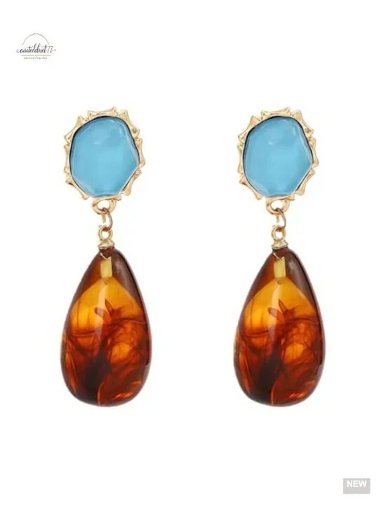 Vintage Blue Resin and Amber Teardrop Dangle Earrings Bohemian Irregular
