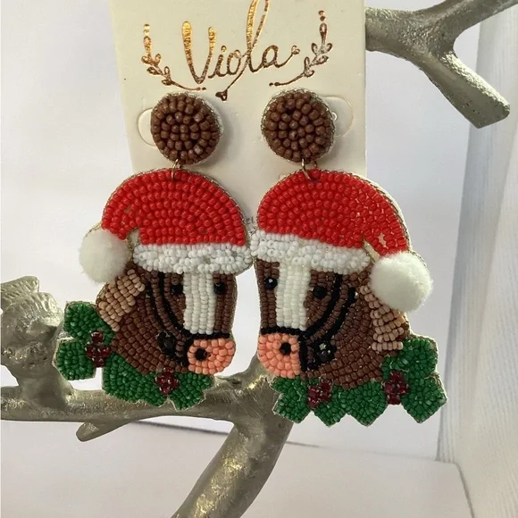 Viola, Beaded Festive Horse Dangle Pierced Earrings. NWT