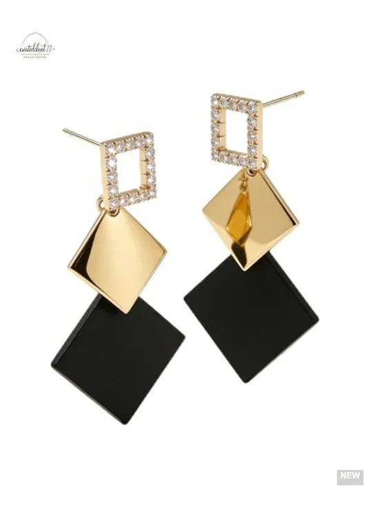 Geometric Square Dangle Earrings, Statement Minimalist Rhinestone Earrings,