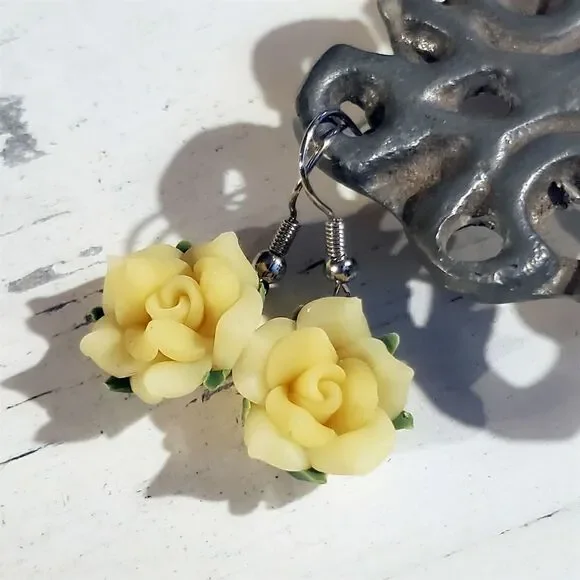 Hand Crafted Fimo Polymer Clay Yellow Rose Flower Bead Dangle Earrings