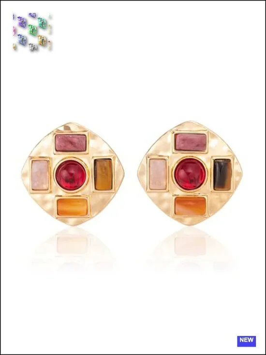 Geometric Large Stud Statement Earrings, Gold Tone Square Stud with Multi-Color