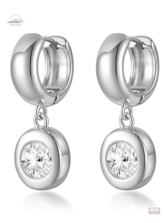 Chunky Huggie Hoop Earrings with Dangle CZ Charm, Hypoallergenic Plated Finish