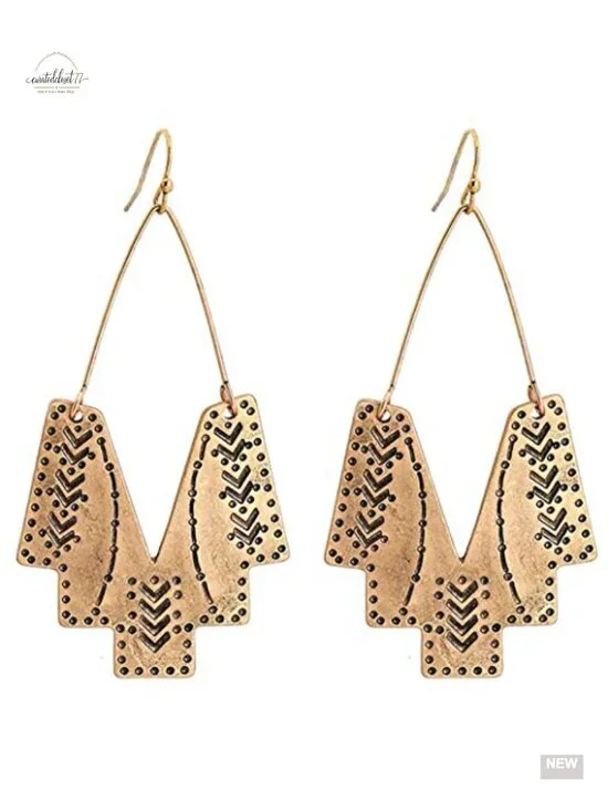 Gold Geometric Dangle Drop Earrings Boho Ethnic Vintage Fan Shape Statement
