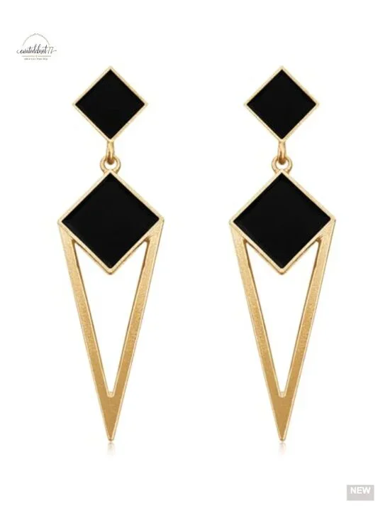 14k Gold Enamel Hollow Triangle Dangle Drop Stud Earrings