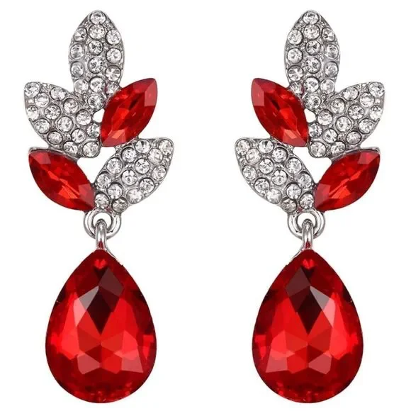 Silver with Ruby Red and White Diamond Crystal Leaf Teardrop Post Back Earrings