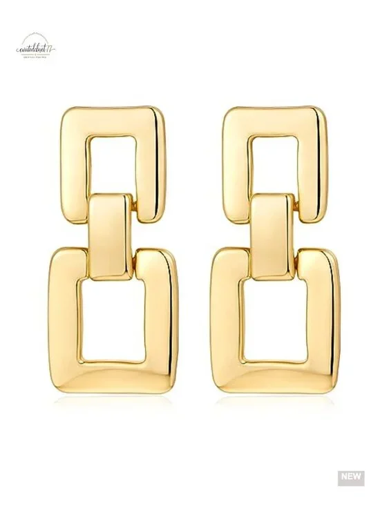 Brushed Gold Geometric Square Link Drop Dangle Earrings Hypoallergenic