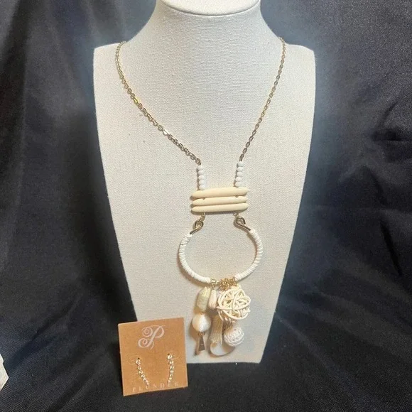 Plunder‎ Set Earrings Necklace White Neutral Charms Texture Boho Eclectic NIB