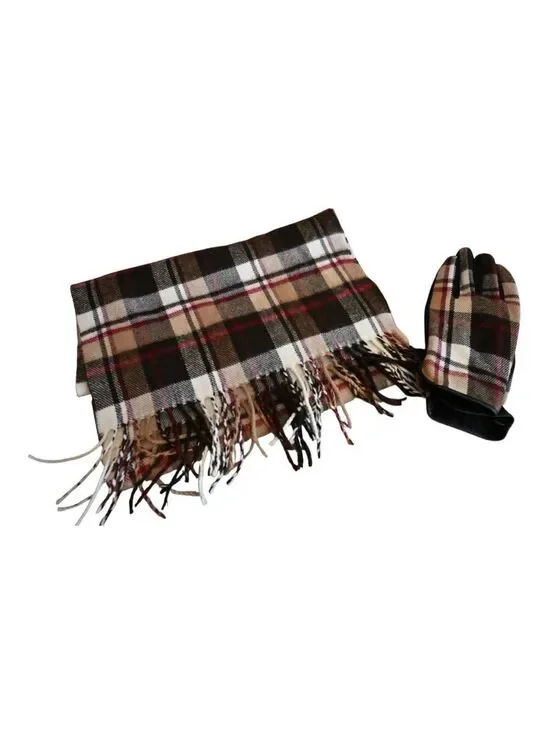 Brown Beige Plaid Scarf & Gloves Set One Size